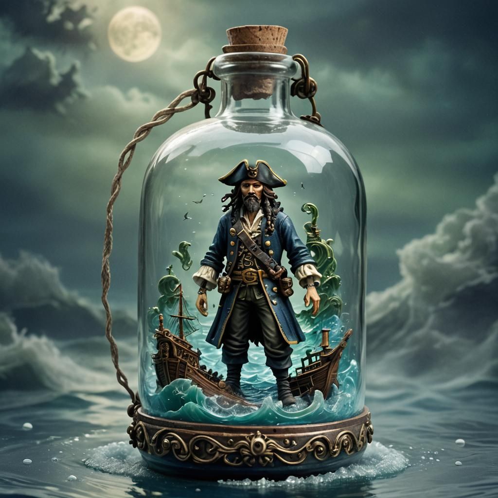 A pirate standing on his ship, in a bottle, in the ocean
