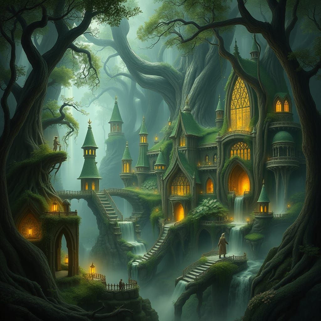 Enchanted Elven City in Ancient Forest, Fantasy Art