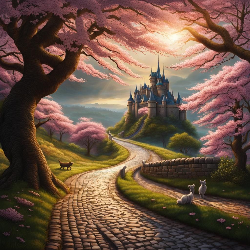 Whimsical Road with Cherry Blossoms and Dark Castle