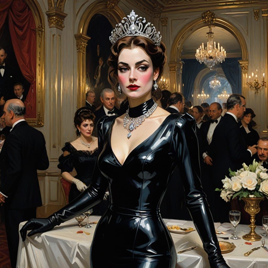 Society Princess in Black Leather Catsuit at Masquerade Ball