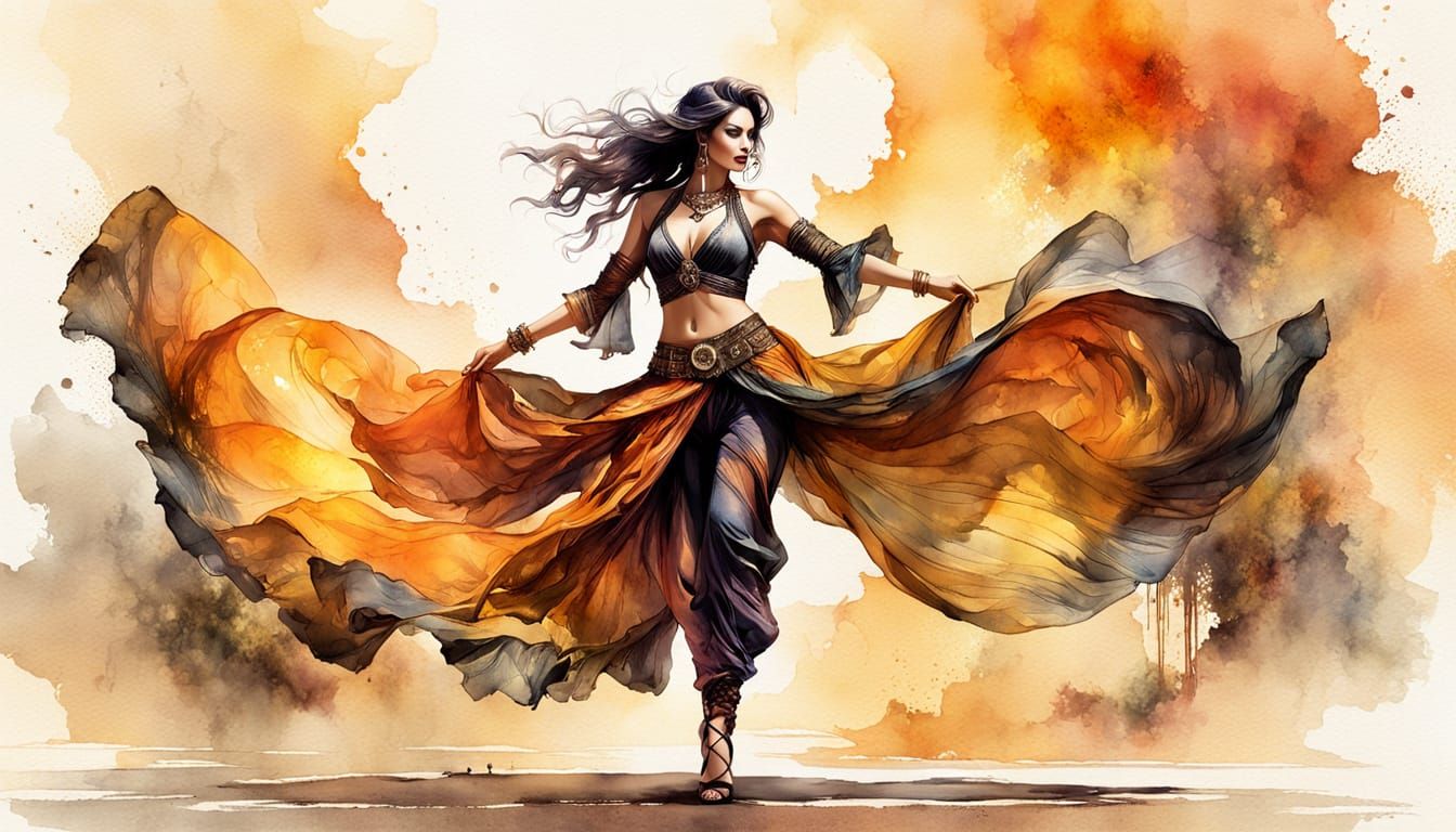 Gypsy Dancer in Vibrant Neon Wash Illustration