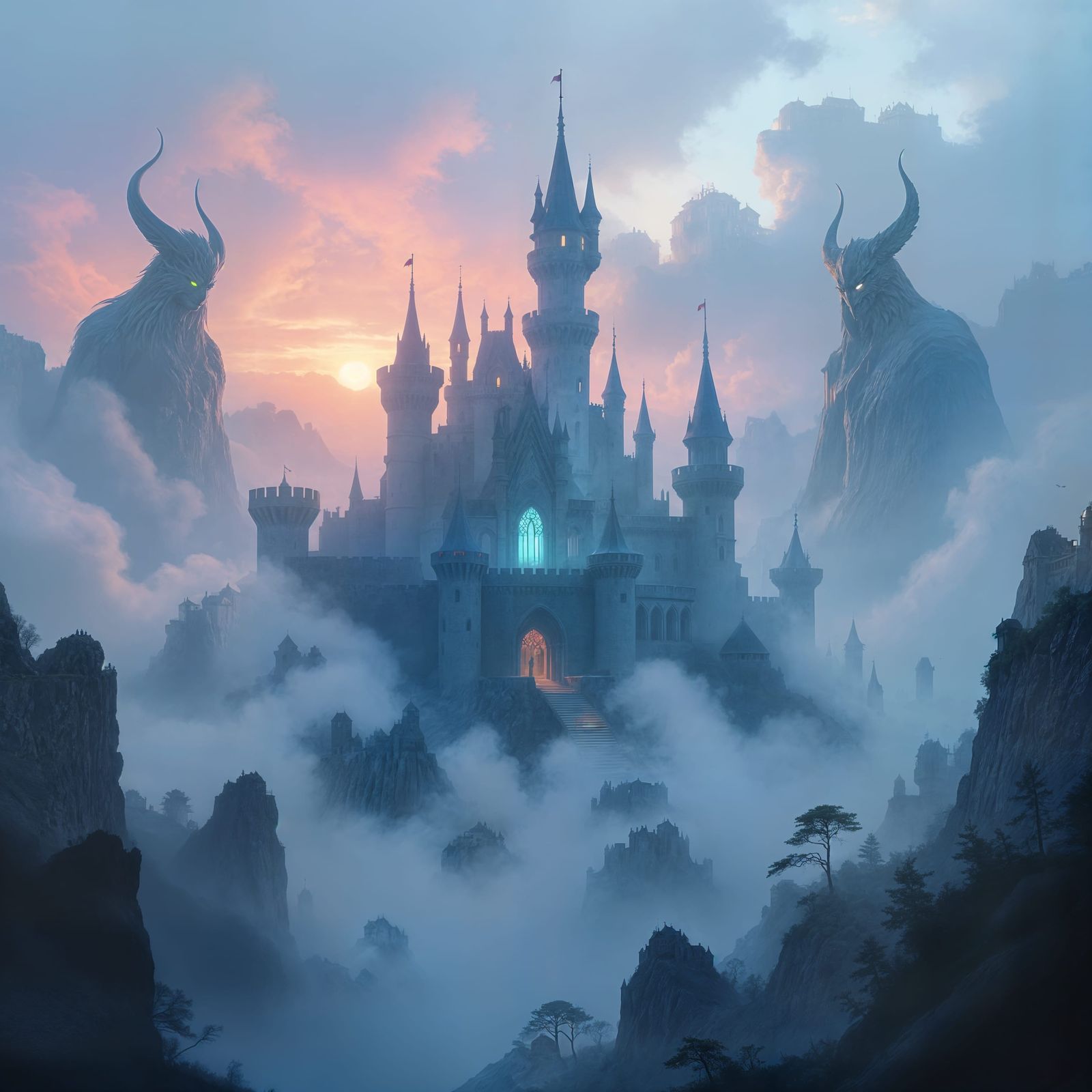 Surreal Castle Guardians in Fog: Dramatic Digital Art