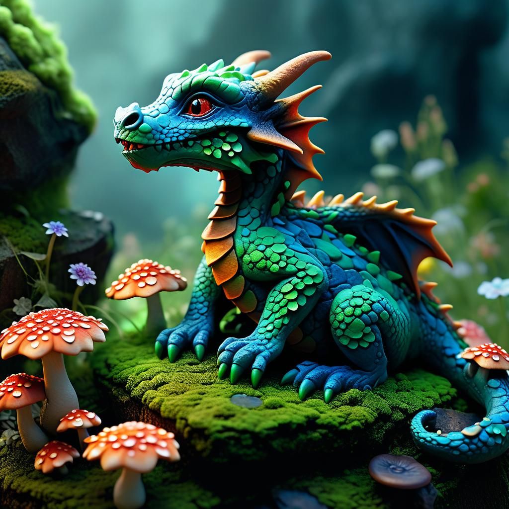 Enchanting Clay Dragon in Ethereal Fantasy Setting