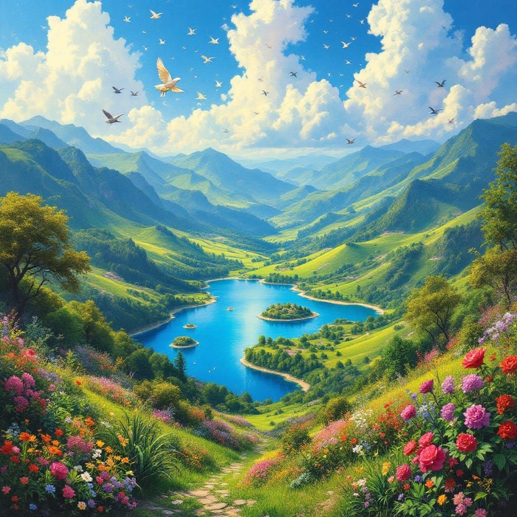 Emerald Paradise Landscape in Impressionist Style