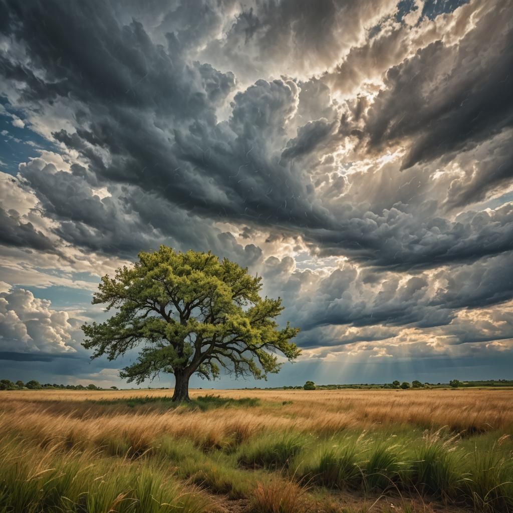 Impressionist Tree Swaying in Windy Field