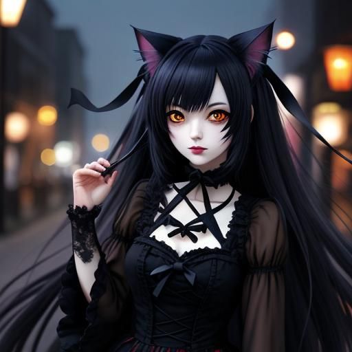 Gothic Anime Cat Girl in Japanese Manga Style