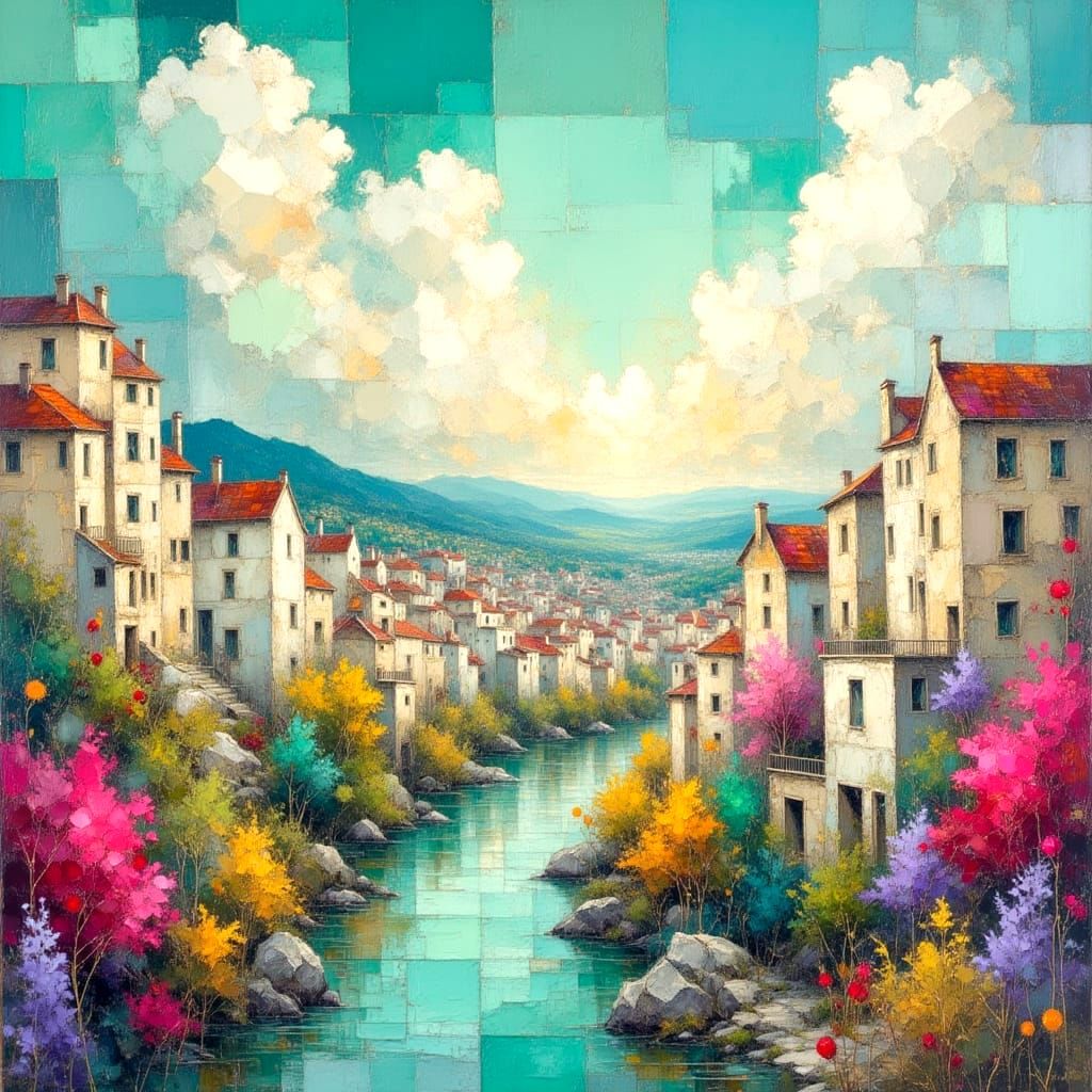 Illuminated Cityscape in Impasto Oil Painting Style