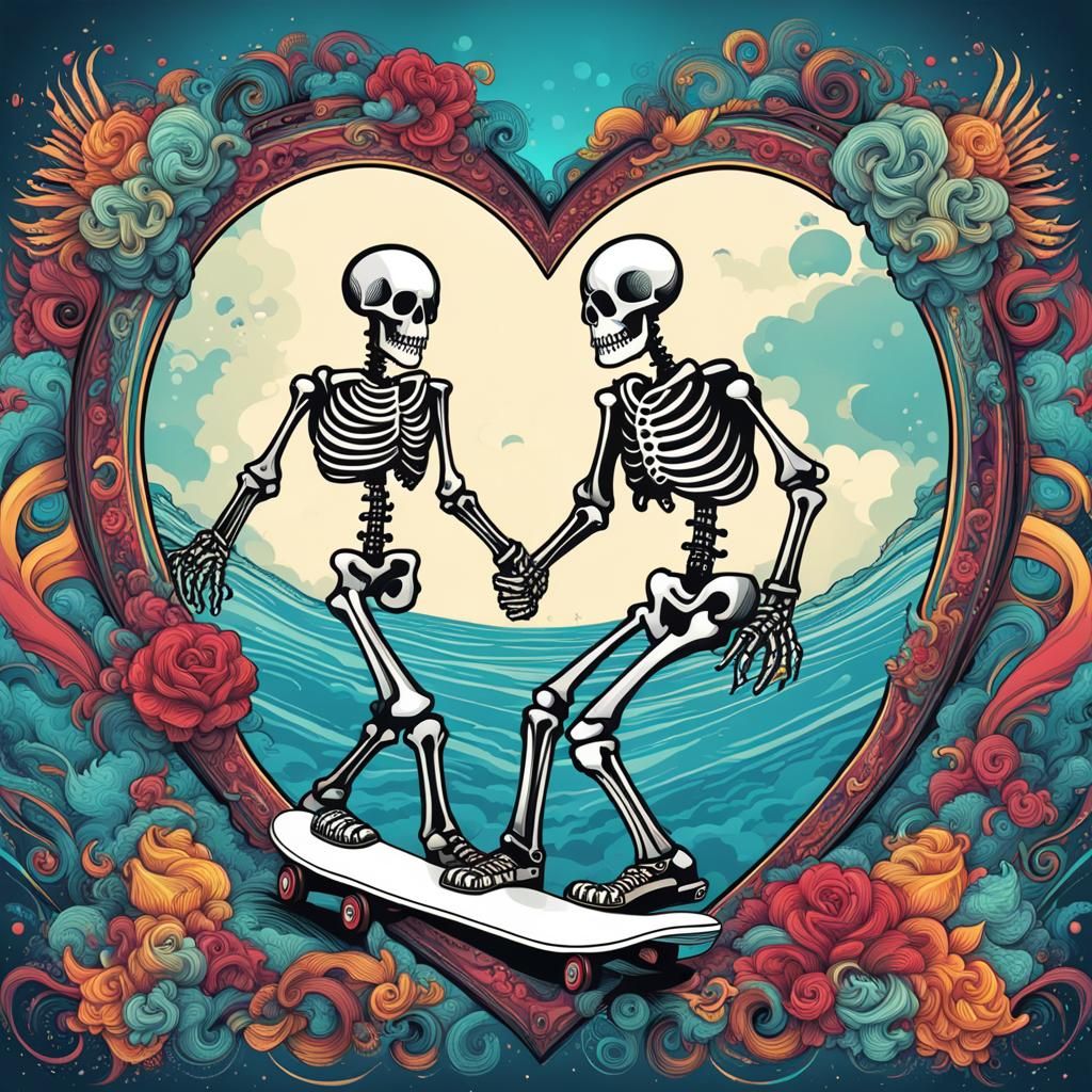 Punk Rock Skeletons Skateboarding in Ocean Carnival
