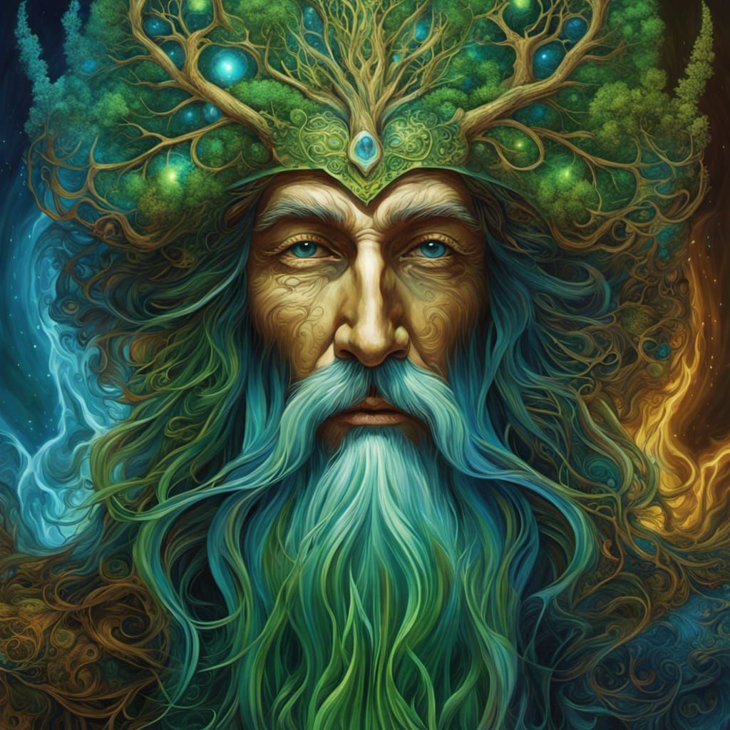 Mystical Tree Wizard with Fractal Flowers