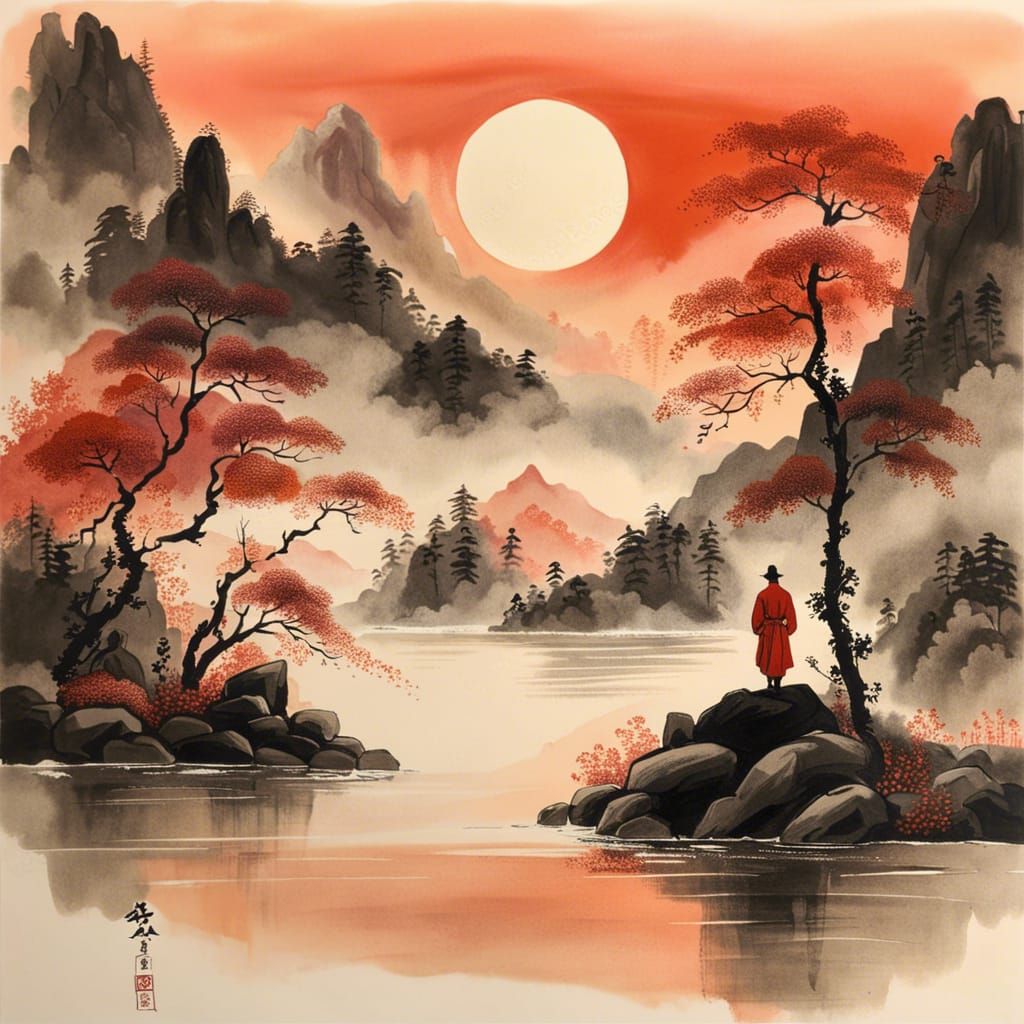 Peaceful Mountains at Sunset: Chinese Ink Painting