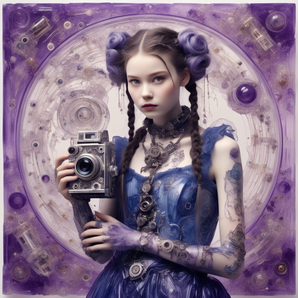 Smiling Cyborg Woman with Polaroid Camera, Giger Style