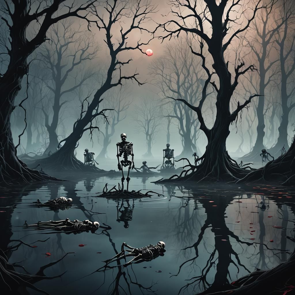 Ominous Skeletons Float on Black Lake