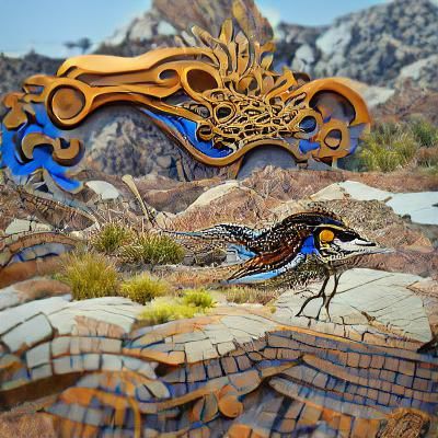 A roadrunner in the Mojave Desert. brocade mixed media mosaic quilling woodcut collage filigree