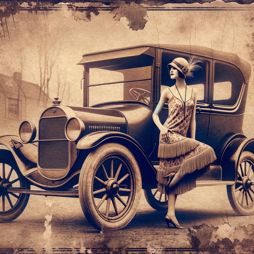 Flapper Girl with Ford Model T in Vintage Photo Style