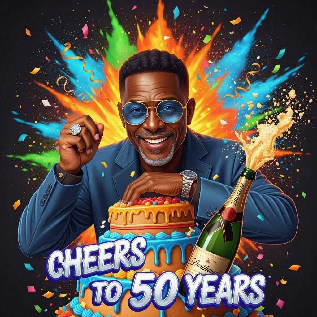 Man Celebrates 50th Birthday in Glossy Illustration
