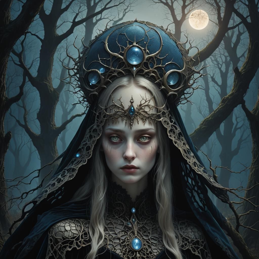 Moon Goddess in Dark Forest: Gothic Surrealism