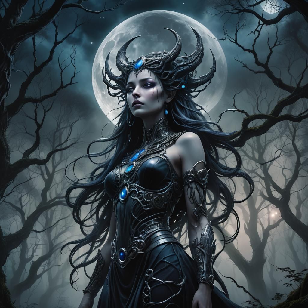 Ethereal Moon Goddess in Dark Surrealist Style