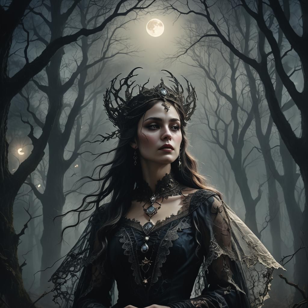 Ethereal Moon Goddess in Dark Victorian Style