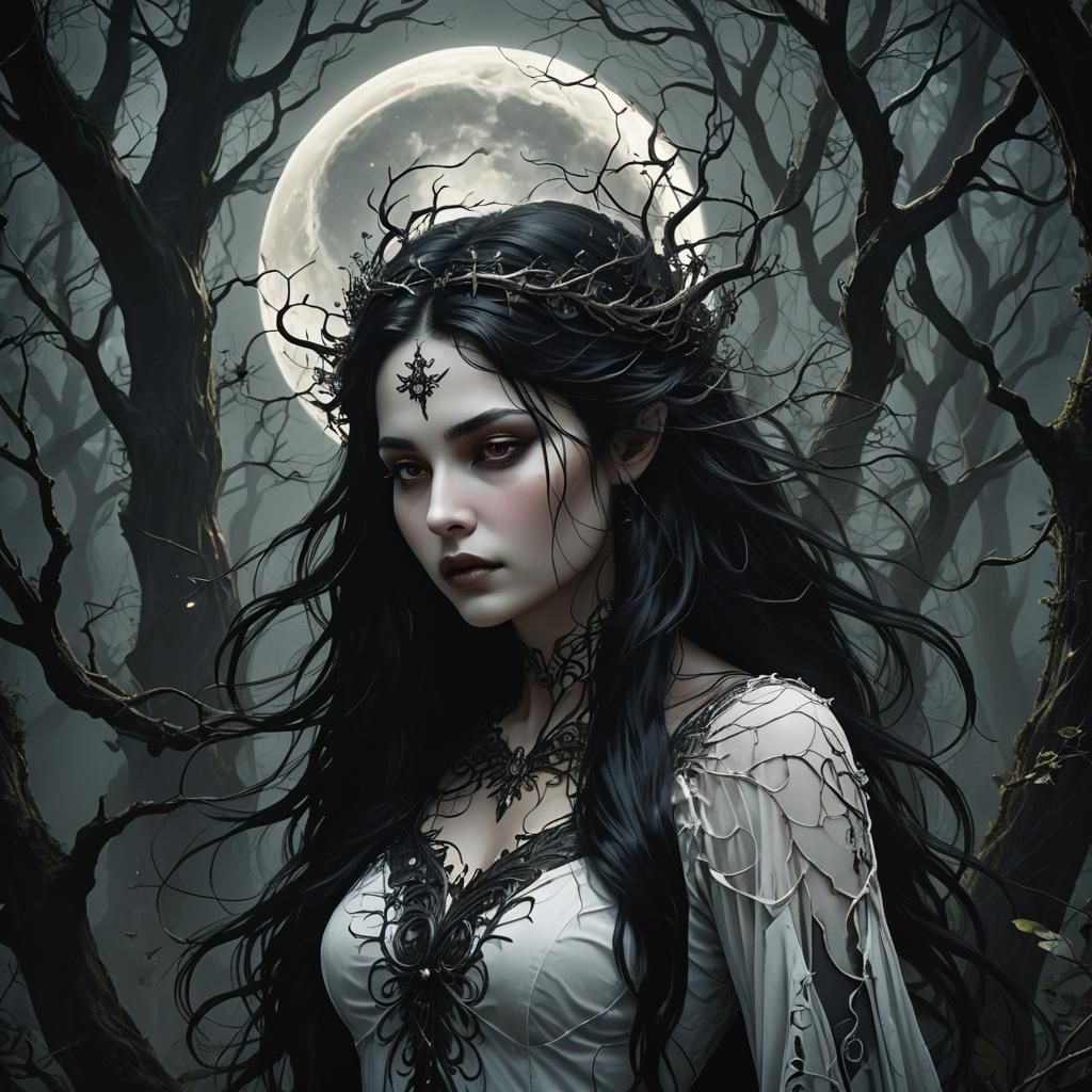 Ethereal Moon Goddess in Dark Mystical Forest