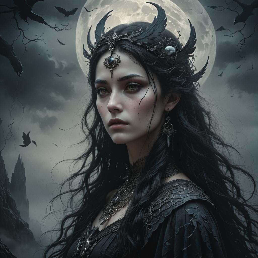 Ethereal Moon Goddess in Gothic Dark Fantasy
