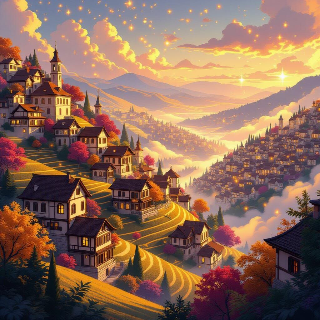 Anime Style Twilight City with Golden Mist