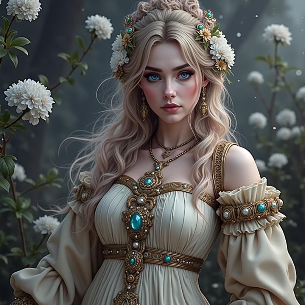 Realistic Young Goddess with Bright Blue Eyes