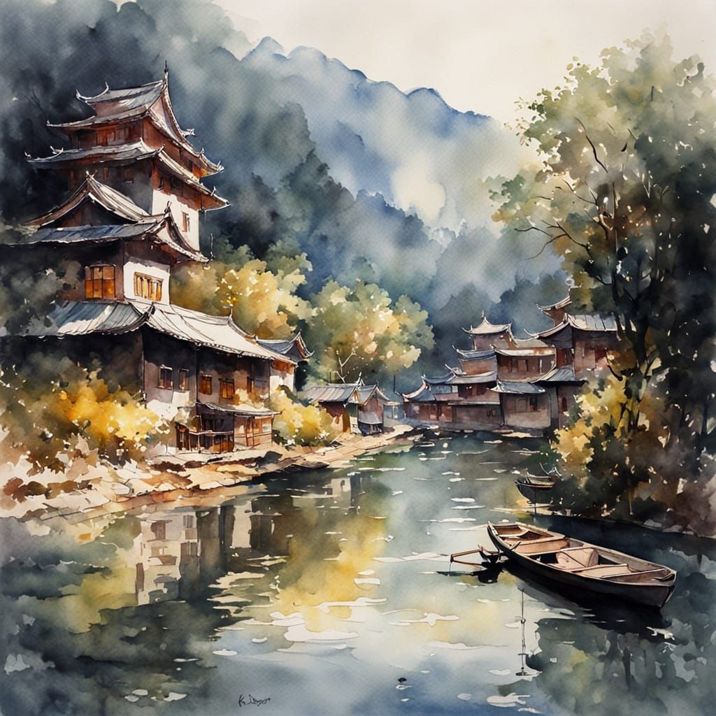 Painterly Watercolor Landscape of Asia