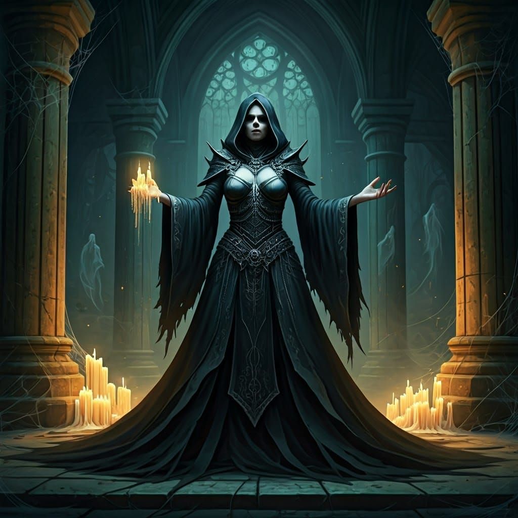 Sorceress Weaving a Necromancy Spell in Beksiński Style