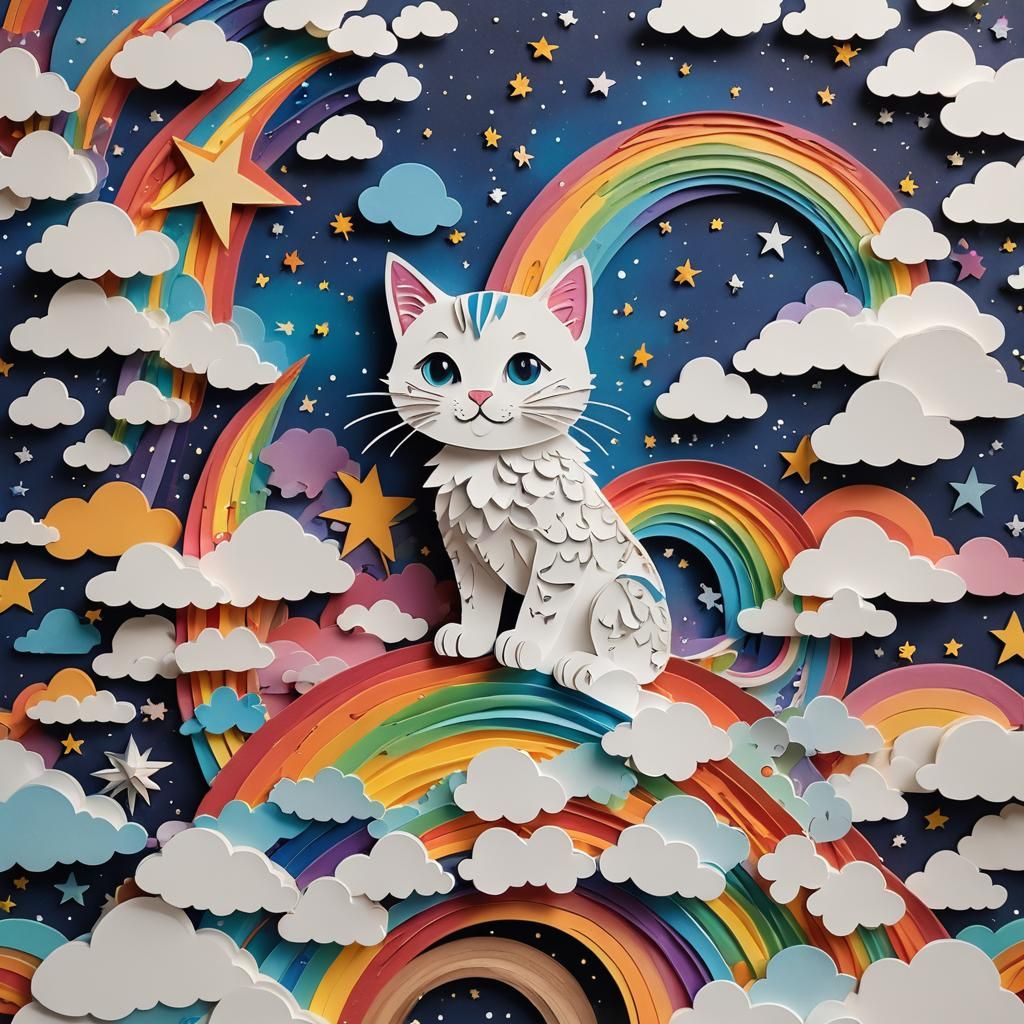 Vibrant Kirigami Kitten Rides a Rainbow