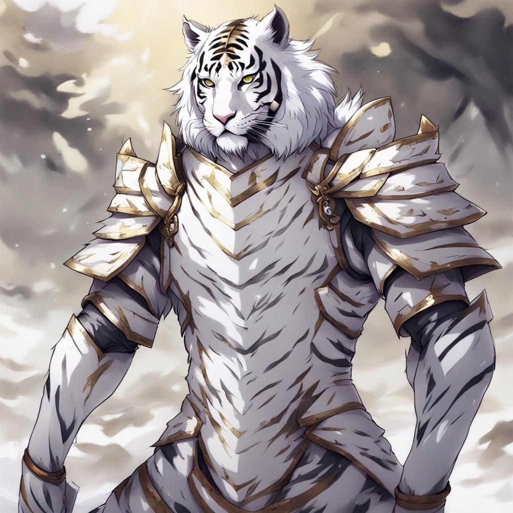 Japanese Man in White Tiger Armor in Anime Style