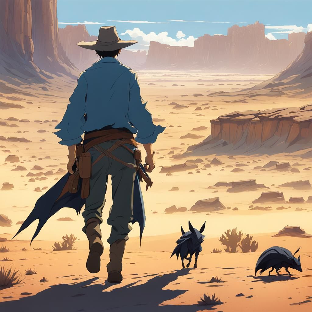 Vaquero in Desert Pursued by Bat Creatures: Anime Style