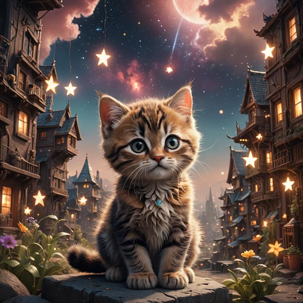 Cute Star Kitten in Digital Matte Painting Style