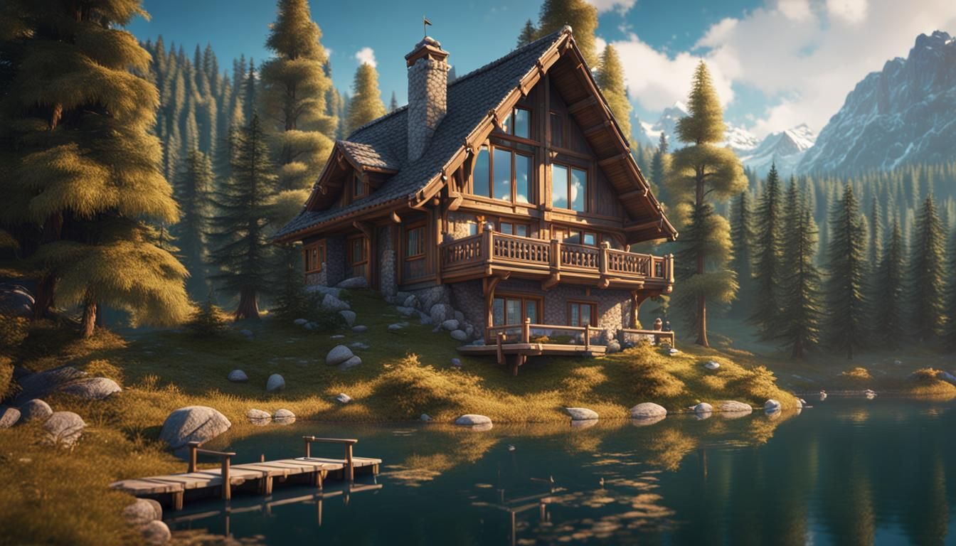 Charming Chalet in Pine Forest: Fantasy Matte Painting