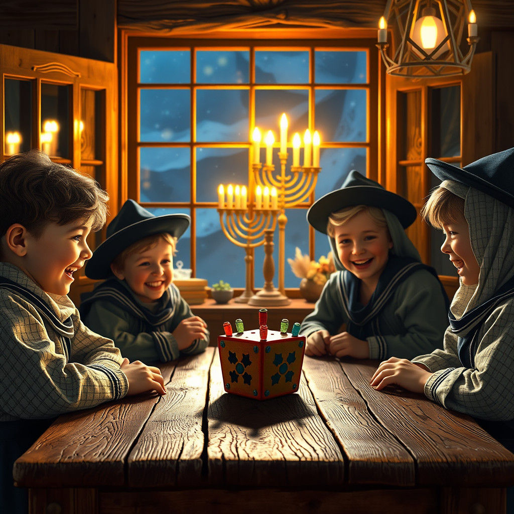 Hanukkah Joy: Children Playing Dreidel by Menorah Light