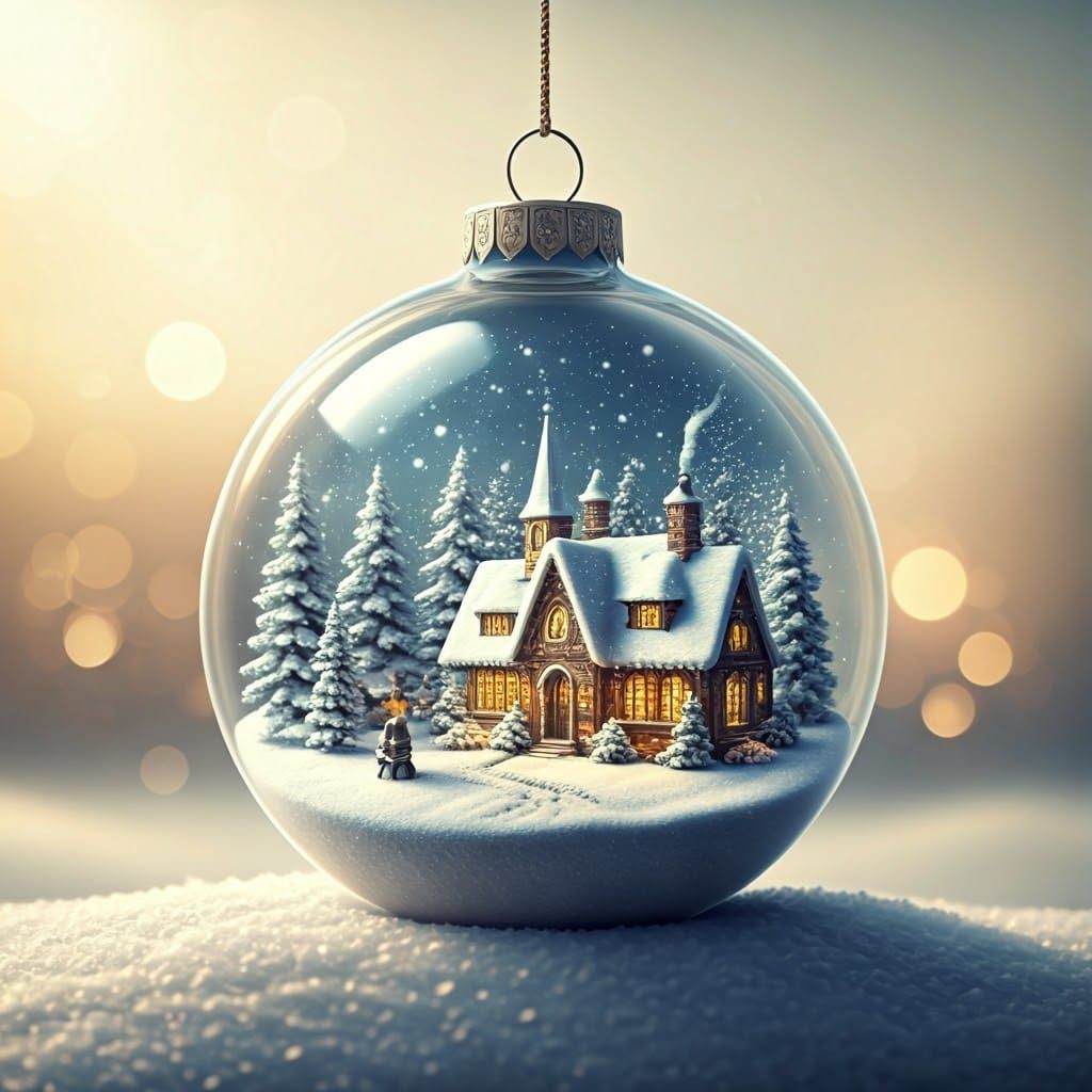 Glass Bauble with Snowy Winter Village Scene