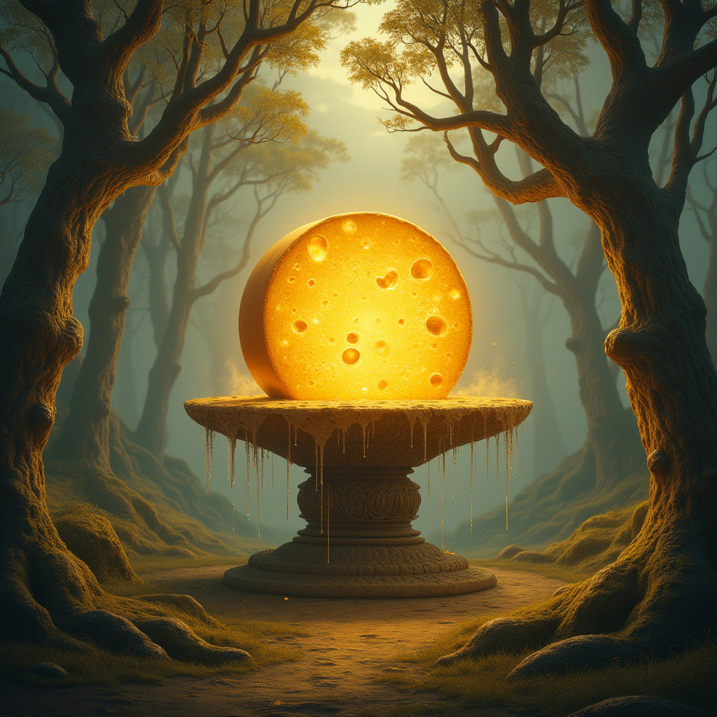 Majestic Cheese Wheel in Surreal Landscape