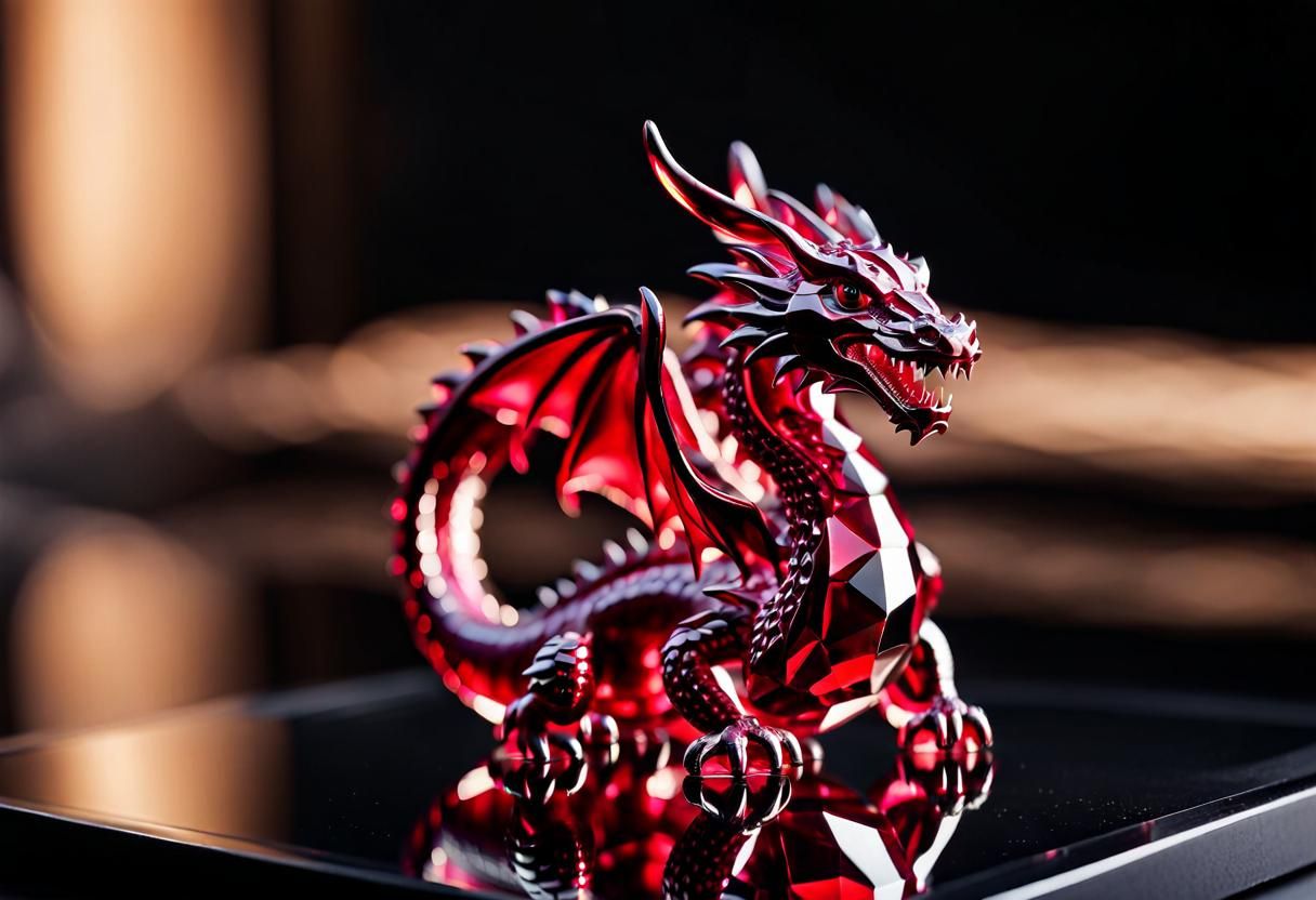 Ruby Dragon Figurine on Mirror, Photorealistic Style