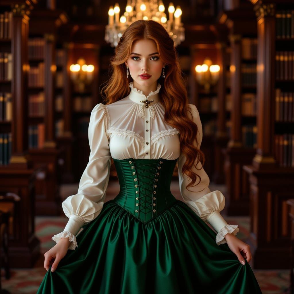 Ethereal Woman in Library, Dark Romantic Style