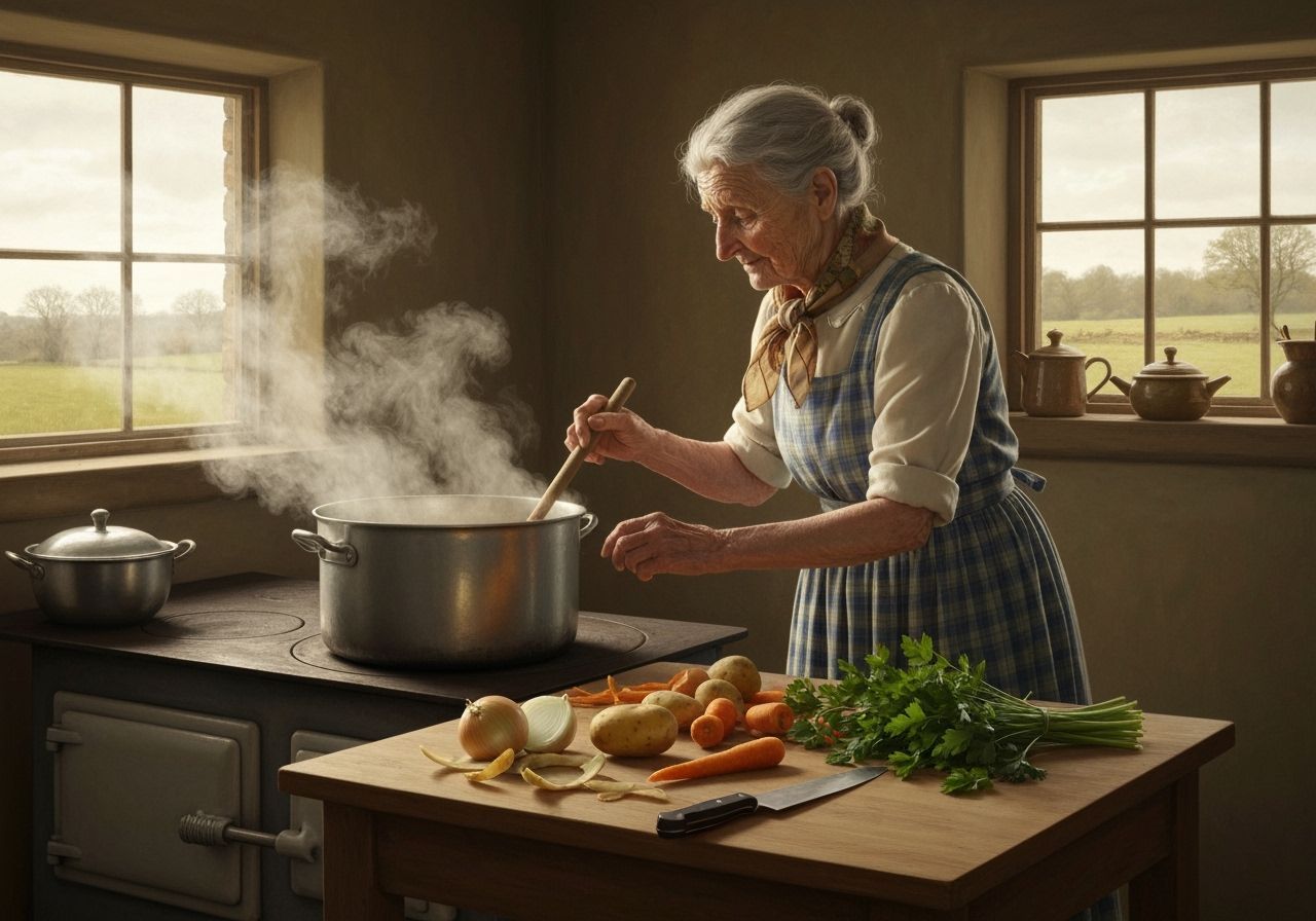 Rustic Farmhouse Kitchen Scene with Woman Cooking