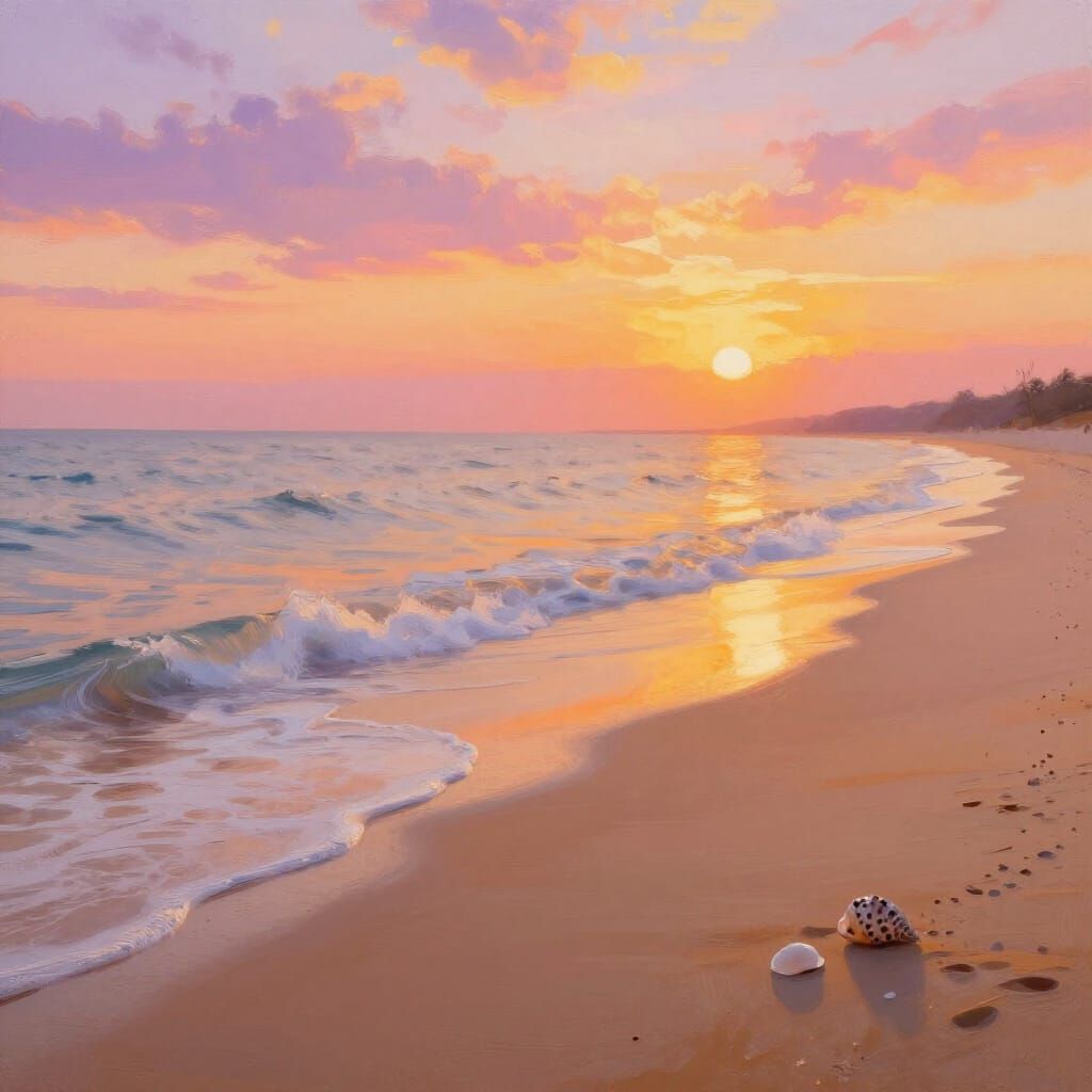 Golden Sunset Beach Serenity in Impressionist Style