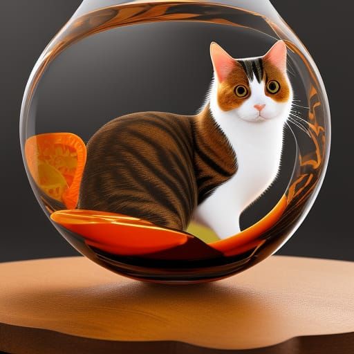 Calico Cat Mesmerized by Goldfish in Hyperrealistic Detail