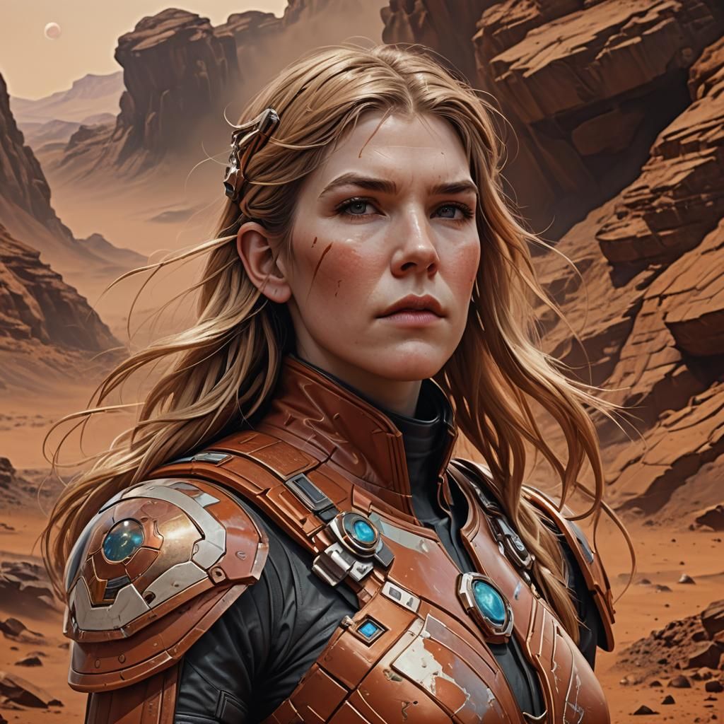 Woman in Leather on Mars, Hyperdetailed Digital Art