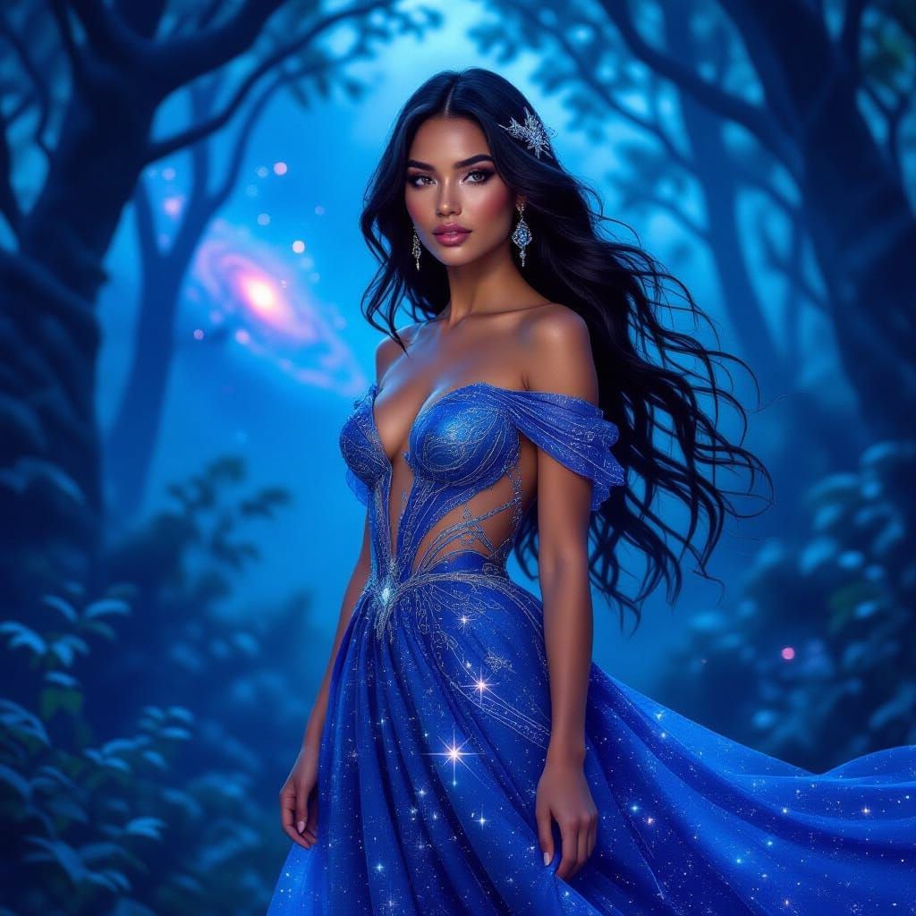 Cuban Woman in Starlight Gown, Art Nouveau Digital Art