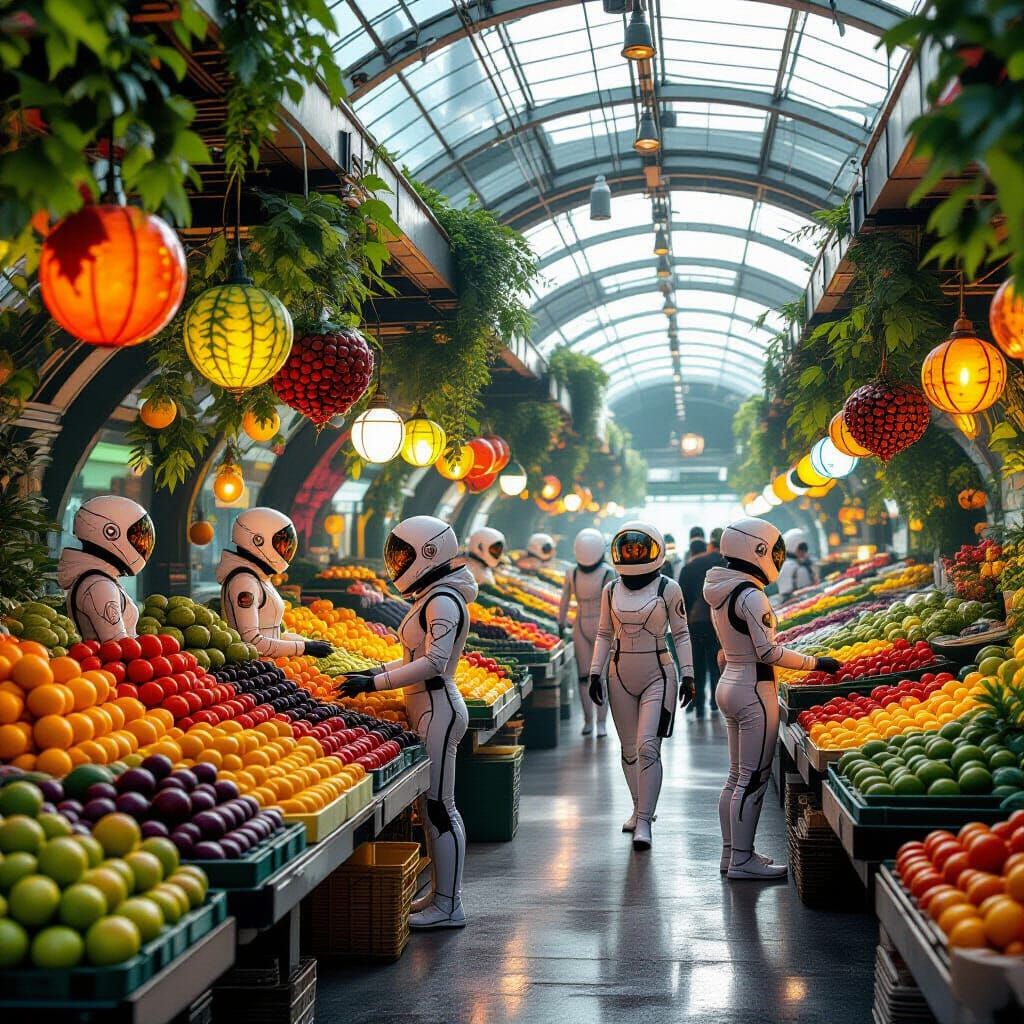 Martian Biodome Marketplace With Glowing Produce