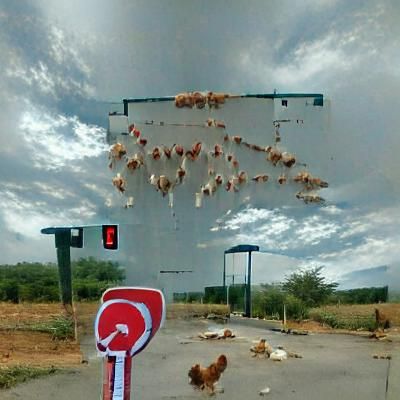 Chickens Swarm a Deserted Road Stop Sign