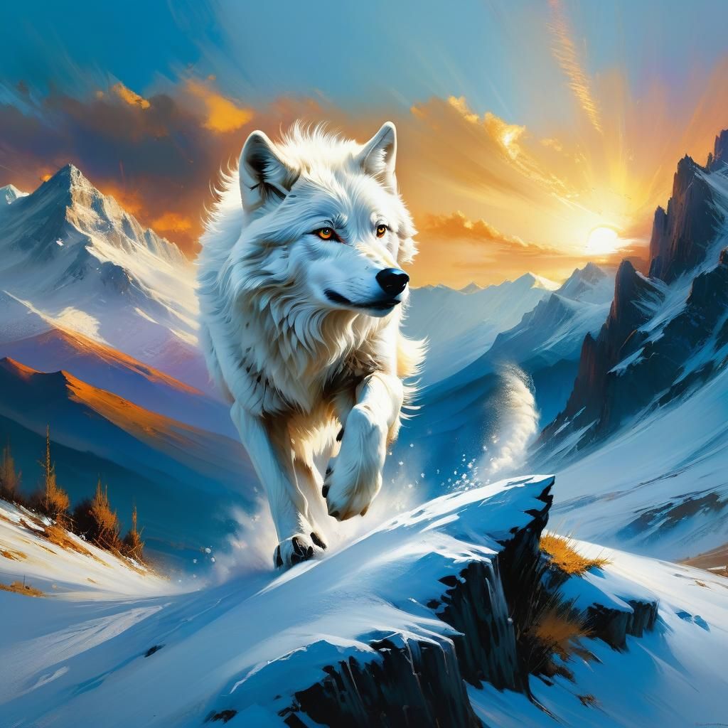 White Wolf Leaping at Sunset: Dramatic Matte Painting