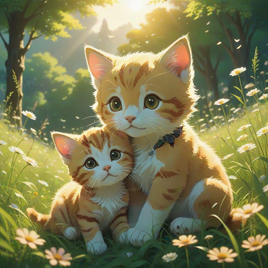 Kitten and Puppy Embrace in Anime Style