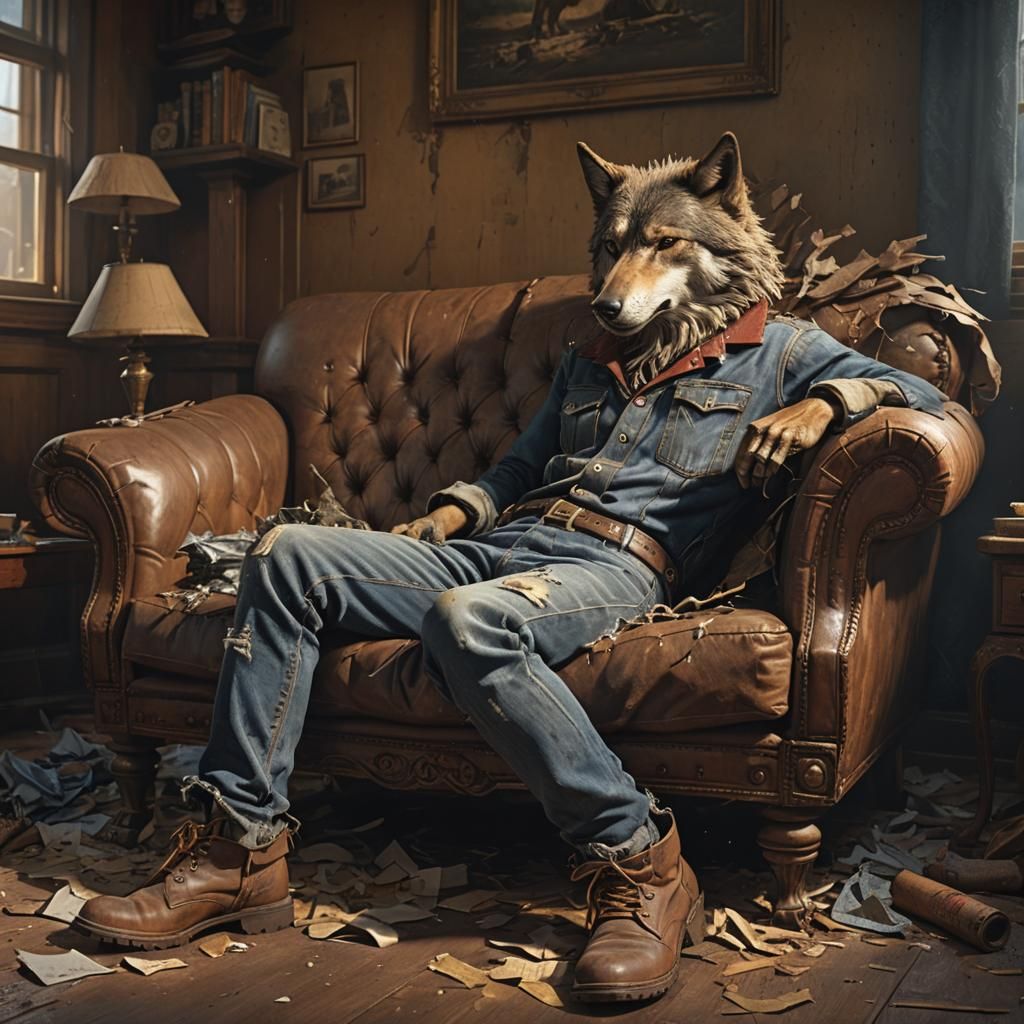 Fuming Wolf Lounging on Victorian Couch, Gritty Realism