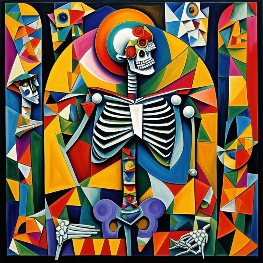 Cubist Sugar Skull Skeleton in Vibrant Colors