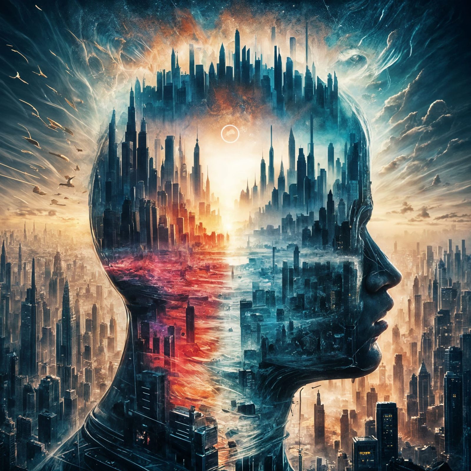 Double Exposure Face and Cityscape, Hyperrealistic Art